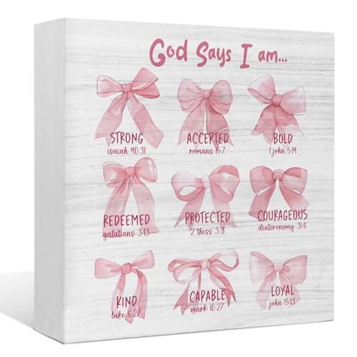EIONEY God Says I am Desk Decor - Wooden Signs, Pink Bow Bible Verse Wood Box Sign for Girl Bedroom Dorm Home Office, Teen Girl Room Wall Tabletop Shelf Decor, 5x5 Inch