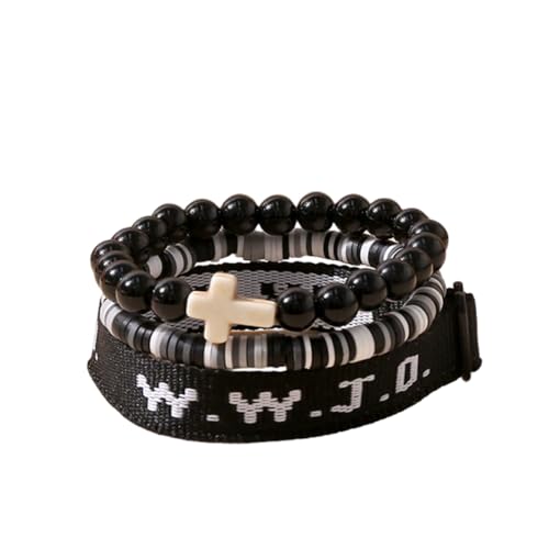 WWJD What Would Jesus Do Christian Stackable Bracelet Set for Women Men, Inspirational Faith Cross Beaded Elastic Wristbands, Religious Bible Verse Jewelry Gift for Church - color: Black 3pcs