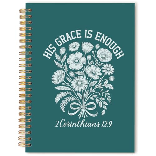 Boho Dark Teal Floral Christian Notebook Journal, His Grace Is Enough Religious Bible Verse Spiral Hardcover Notebook Journal for Church Notes Study Office Work, 5.5x8.3 Inch - color: Teal Flowers & Bible