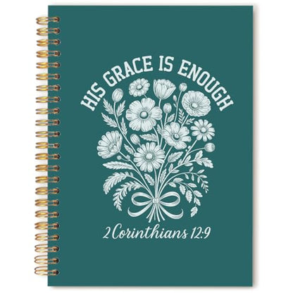 Boho Dark Teal Floral Christian Notebook Journal, His Grace Is Enough Religious Bible Verse Spiral Hardcover Notebook Journal for Church Notes Study Office Work, 5.5x8.3 Inch - color: Teal Flowers & Bible