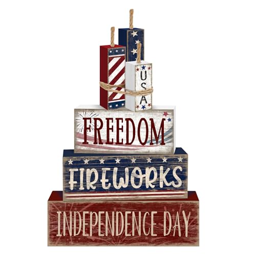 Britimes Tiered Tray Decor Set, 4 Pack, Wooden, 4th of July - style: Fireworks Independence Day