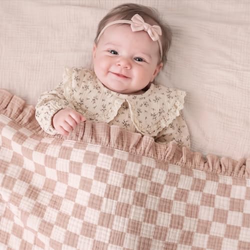 Konssy 100% Cotton Muslin Baby Blanket with Ruffle Trim for Girls, 43"x39" - color: Rosy Check