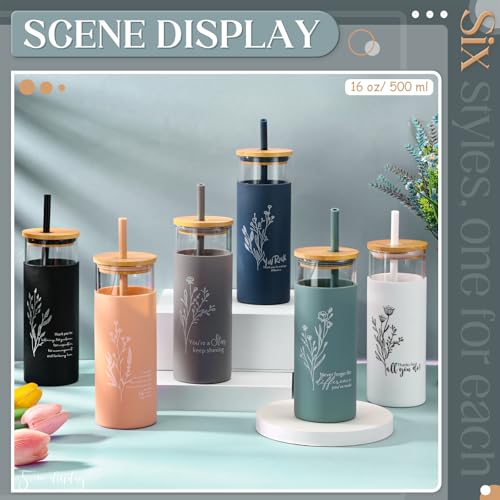Jingmore 6 Pcs 16oz Glass Cups with Straw and Lid Bulk, Inspirational - style: Inspirational