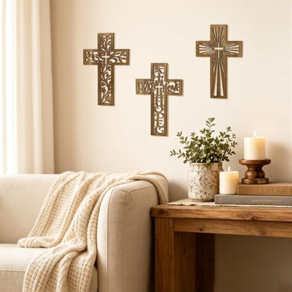 3 Pcs Wooden Cross Wall Decor, 12 Inch Wall Crosses for Christian Home