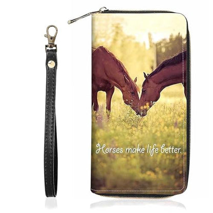 Women's Horses Make Life Better Print PU Leather Zipper Wallet, Large Capacity, Compact, Black - color: Horses Make Life Better