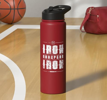 Iron Sharpens Iron Christian Gym Water Bottles Bible Verse Stainless Steel Insulated Water Bottle - color: Red