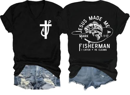 Fishers of Men Shirt, Funny Fishing Shirts, Jesus Made Me A Fishermen Tee - color: Black-v, size: Small