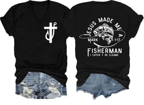 Fishers of Men Shirt, Funny Fishing Shirts, Jesus Made Me A Fishermen Tee - color: Black-v, size: X-Large