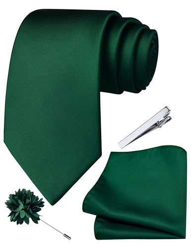 Branduce 3.15"（8cm） Mens Tie and Lapel Pin Solid Necktie Handkerchief Tie Clip Set for Men - color: Hunter Green