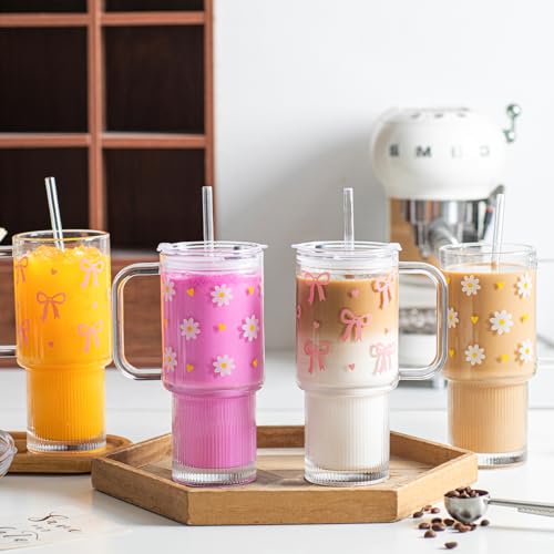 INSETLAN 26 oz Glass Tumbler with Handle, 2-Pack Iced Coffee Cups - color: 2 Pcs - Daisy
