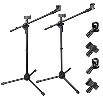 AW 2pcs Boom Mic Stand Floor Adjustable Height Mic Tripod Stand Dual Mic - color: Black-2 Mic Clips, size: 2 pcs
