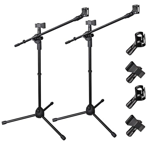 AW 2pcs Boom Mic Stand Floor Adjustable Height Mic Tripod Stand Dual Mic - color: Black-2 Mic Clips, size: 2 pcs