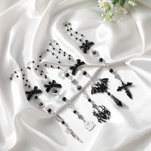 Black Crystal Car Rearview Mirror Charm - Y2K Gothic Bat Pendant Beaded Hanging Charms, Dark Fantasy Witch Halloween Cars Decor, Interior Ornament Gift for Women Men Driver - style: Bat