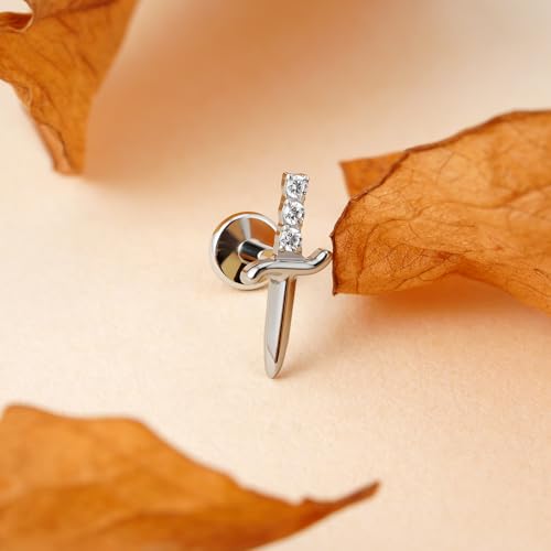 FINE4U 1PC ASTM F136 Titanium Sword Piercing Jewelry for Conch, Tragus, Helix 16G 8mm, Implant Grade Hypoallergenic Flatback Stud - color: Poniard - Tit