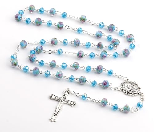 Murano Glass Rose Beads Catholic Virgin Mary Rosary Necklace Women - color: Lake Blue