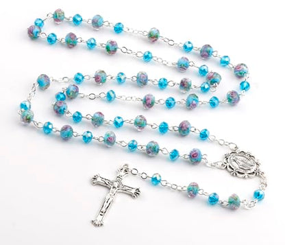 Murano Glass Rose Beads Catholic Virgin Mary Rosary Necklace Women - color: Lake Blue