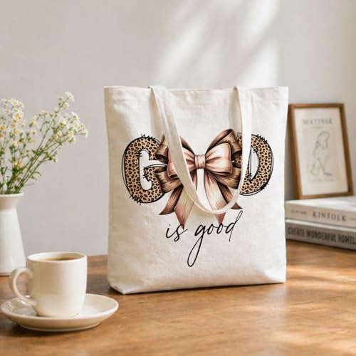 Coquette Bow Leopard Print Christian Canvas Tote Bag for Women, Cheetah Print God Is Good Bible Verse Reusable Shoulder Bag for Work Beach Travel and Shopping Grocery