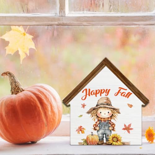Scarecrows Fall Decor, Pumpkin Scarecrow Happy Fall House Shaped Wood Sign - color: Happy