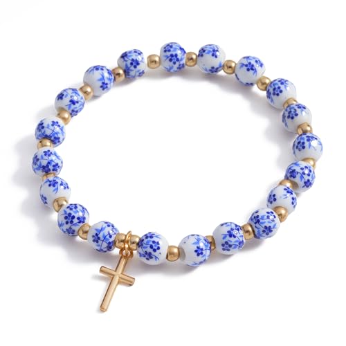 Cross Charm Bracelet for Women,Flower Floral Antique Vintage Bracelet Beaded and Cross Stretch Bracelet Aesthetic Religious Christian First Communion Baptism Confirmation Gifts Jewlery Gifts - color: Blue
