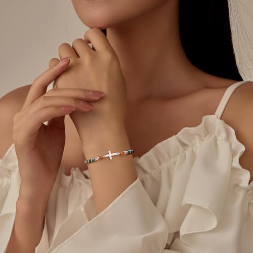 Cross Bracelets for Women Girls, Christian Gifts for Women Natural Stone Beaded Bracelets First Communion Confirmation Baptism Gifts Catholic Easter Christmas Inspirational Gift Jewelry - color: African Turquoise 2 - Every Day