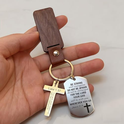 Christian Keychain with Bible Verse - Joshua 1:9 Luke 1:37 Cross Key Ring, Religious Inspirational Gift for Men Women Christian Keychain with Bible Verse