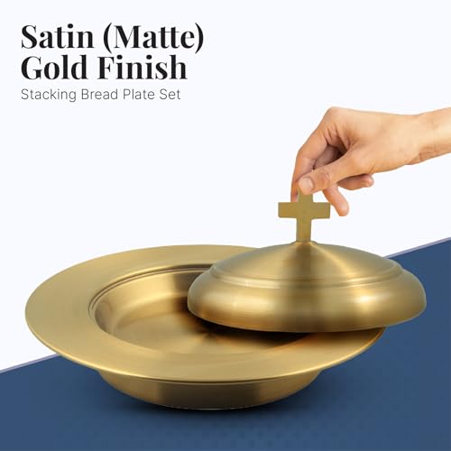 Communion Ware Holy Wine Serving Tray with A Lid & A Stacking Bread Plate with A Lid - Stainless Steel (Brass/Gold) - color: Brass/Gold