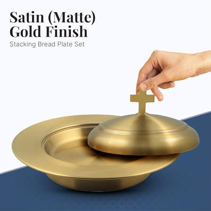 Communion Ware Holy Wine Serving Tray with A Lid & A Stacking Bread Plate with A Lid - Stainless Steel (Brass/Gold) - color: Brass/Gold