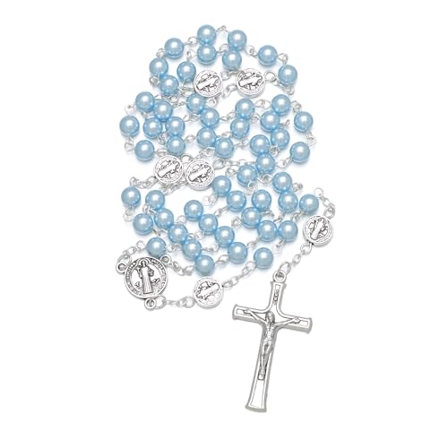 KOMI 6mm Glass Pearl Rosary Beads Catholic for Women with Metal Rosary Box Religious Gifts - style: St Benedict-blue
