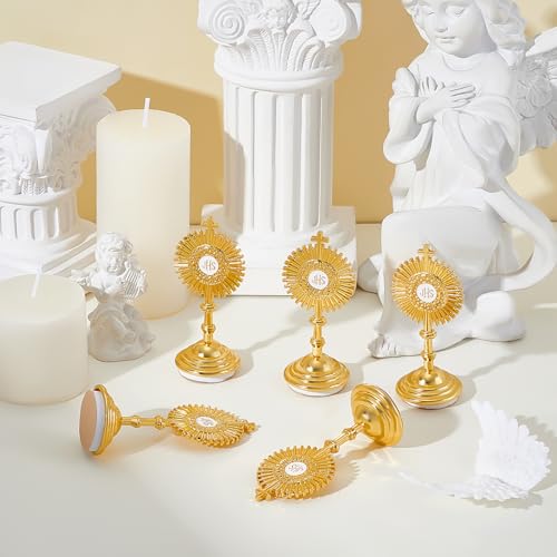 8 Pcs Gold Standing Cross Decor, Catholic Monstrance Statues Table Desk Decor, Standing Crucifix Catholic Home Decor, Jesus Religious Baptism Favors for Guests, First Communion Gifts