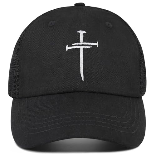 Christian Gifts for Men Women, Religious Cross Logo Embroidered Low Profile Unisex Dad Hat - color: Mesh-black
