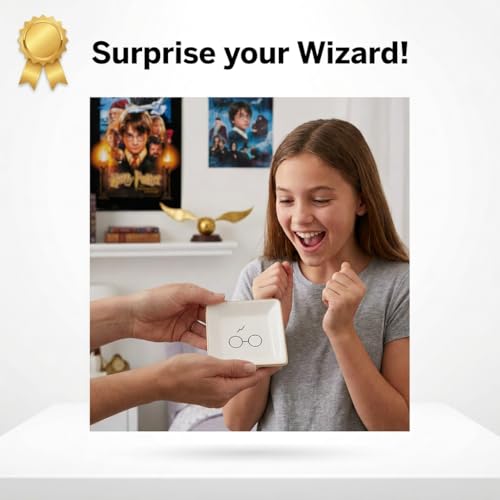 Simply Charmed Porcelain Jewelry Ring Holder Tray – Harry Potter Gift, Porcelain Trinket Dish, 4"x4" White with Golden Glaze, Jewelry Organizer - style: Wizard