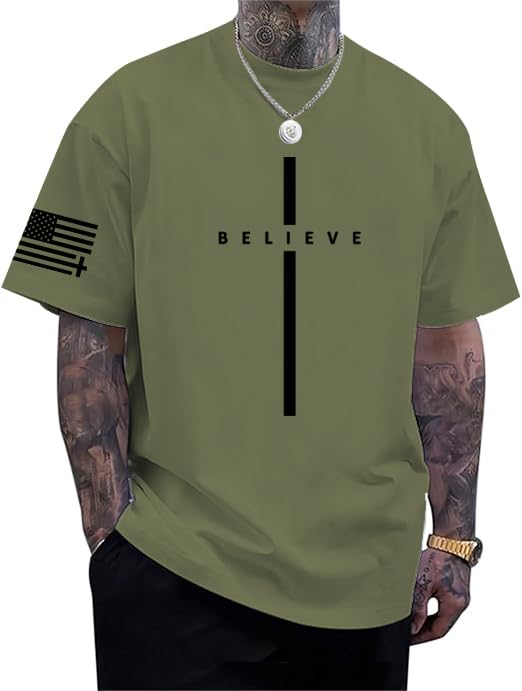 Eatbook Christian Shirts for Men Faith Over Fear Religious Tshirt - color: Armygreen, size: X-Large