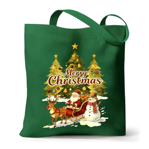 Canvas Tote Bag with Zipper, Halloween Trick or Treat Bags for Kids Bulk - color: [A0] Christmas - Green