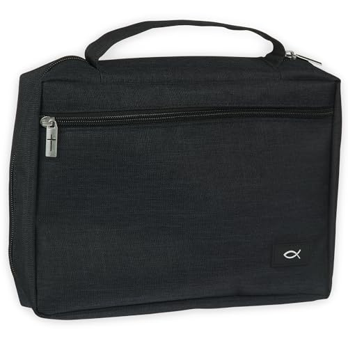 Christian Art Gifts Polyester Bible Cover for Men & Women w/Jesus Fish Patch, Secure Zipper Pocket, Pen Loops, Easy Carry Book Case for Stationery, Accessories, Black, XL - color: Black/Jesus Fish #3, size: Extra Large