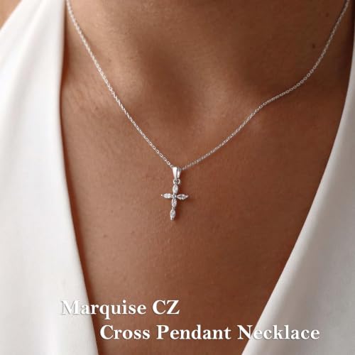 Cross Necklace for Women, Dainty 14K Gold Plated CZ Pendant - color: Silver-marquise cz cross