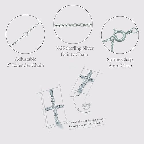 Cross Necklace for Women, Handcrafted S925 Sterling Silver Pendant - color: Sterling Silver + Zirconia