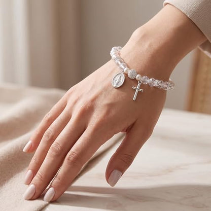 Women Stretch Rosary Bracelet Beaded Crucifix & Miraculous Medal - color: baptized christ1