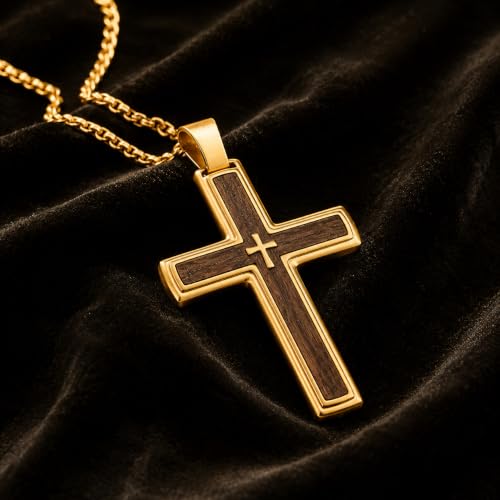 14K Gold Plated Wood Cross Necklace for Men Christian Pendant Jewelry - color: A02-Cross