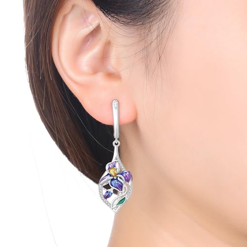 925 Sterling Silver Drop & Dangle Earrings for Women,Butterfly Dragonfly and Bee|Flower and leaf Earrings, Suitable for Sensitive Ears Fashion Jewelry Gift- Hypoallergenic Earrings - color: Blue-purple iris
