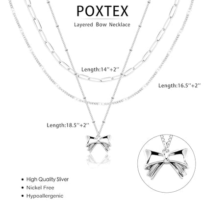 Poxtex Layered Gold Necklaces for Women, Stackable Dainty 14K Gold Silver Plated Trendy Simple Heart Diamond Cross Bow Circle Pendant Paperclip Choker Dot Chain Necklace,Jewelry Set Gifts for Women - color: Silver, style: Bow1