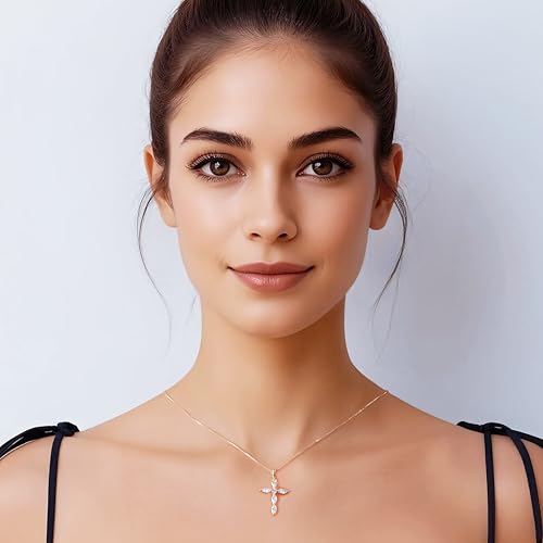 Gold Cross Necklace for Women, 14K Gold Plated - style: 6 prism-cut zircons