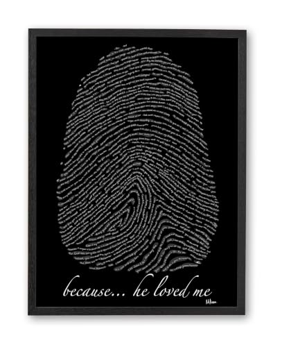 iHery 12x16in Because He Loved Me Fingerprint Bible Verse Framed Wall Art - color: Black Frame Black Art, size: 16"L x 12"W