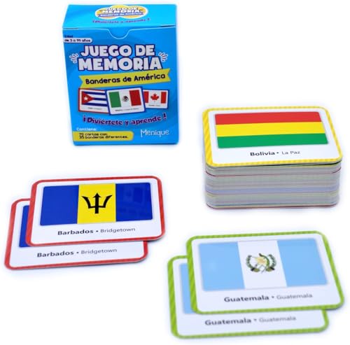 Menique Flags of the Americas Memory Matching Game – Spanish Edition – 70 Cards (35 Pairs) with Flags, Countries & Capitals – Educational Matching Game in Spanish for Kids and Adults - style: Americas