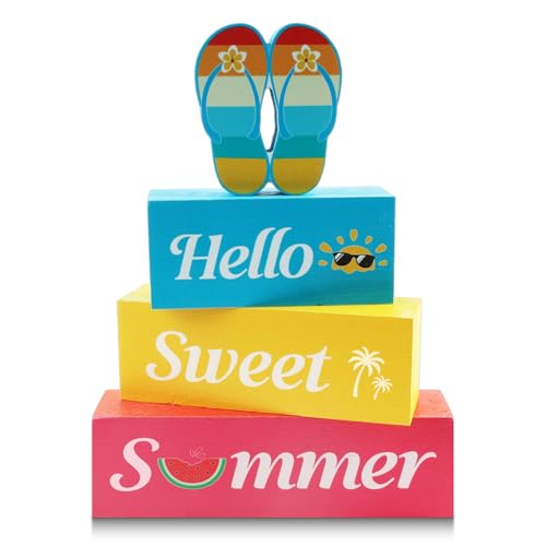 4 Pcs Hello Sweet Summer Wooden Block Sign Flip Flops Table Centerpiece Summer Tiered Tray Decor Farmhouse Table Sign Beach Decor for Home Office Desk Shelf Mantel - style: Flip