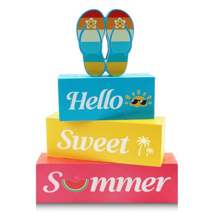 4 Pcs Hello Sweet Summer Wooden Block Sign Flip Flops Table Centerpiece Summer Tiered Tray Decor Farmhouse Table Sign Beach Decor for Home Office Desk Shelf Mantel - style: Flip