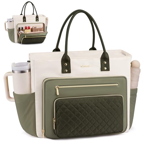 LOVEVOOK Teacher Tote Bag for Women Work, Laptop Bag With Large Cup Holder, Nurse Bags Professional Briefcase Business Computer Purses Handbag,Light Green-Beige-Olive Green,15.6 Inch - color: Light Green-beige-olive Green, size: 15.6 Inch