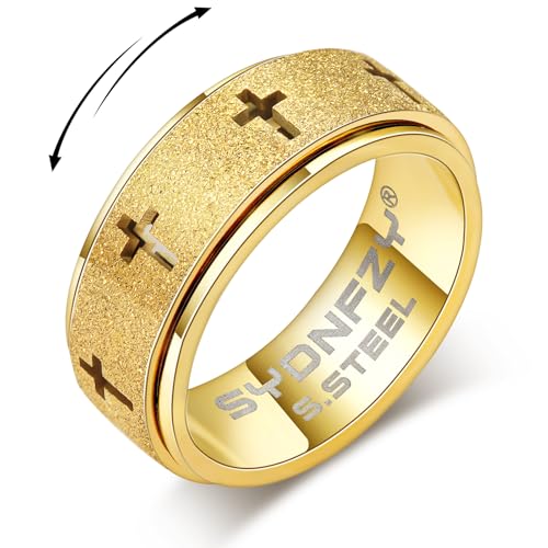Anxiety Spinner Ring for Men - Stainless Steel Fidget Spinner Ring, Band Cross Thumb Roating Rings for Stress Relief 8mm Anxiety Relieve Fidget Toys for Adults Ring Size 6 7 8 9 10 11 - color: Gold