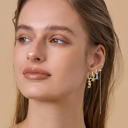 Gold Earrings Set for Women 14K Gold Plated Cubic Zirconia Love Heart Bowknot Clover Fruit Flower Insect Ocean Cross Huggie Hoop Earrings Stud Earrings Set for Multiple Piercing Party Jewelry Gifts - style: Seashell and Starfish