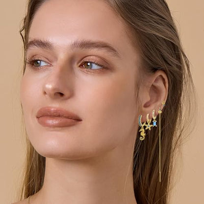 Gold Earrings Set for Women 14K Gold Plated Cubic Zirconia Love Heart Bowknot Clover Fruit Flower Insect Ocean Cross Huggie Hoop Earrings Stud Earrings Set for Multiple Piercing Party Jewelry Gifts - style: Seashell and Starfish