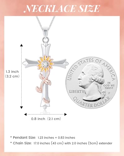 ACECHA Silver Cross Necklace for Women, Crosses Pendant with Birthflower - color: Sunflower-Happiness